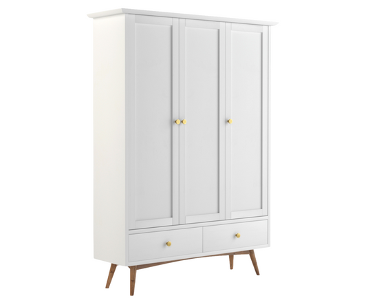 Eluxin White Solid Wood 3 Door Wardrobe with 2 Drawers, White Shade.