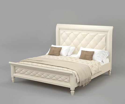 Glossy Ivory Luxury Bedroom Furniture Set - Only Bed, Front Isometric Angle