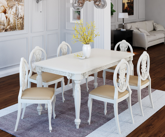 Sumptuous Luxury Carved White Dining Table Set  | Solid Wood Dining Set