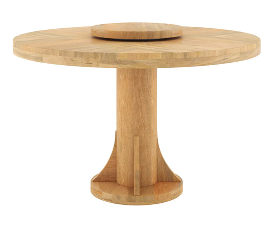 Fexoria 6 Seater Round Dining Table, Front View.Fexoria 6 Seater Round Dining Table with Lazy Susan, Natural Finish.