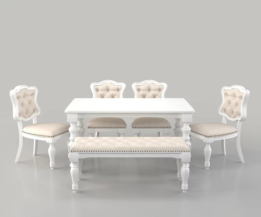 Velostine Dining Table with Bench and Chairs Set, White Finish.